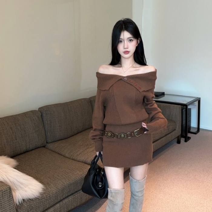 MY16040# 一字肩毛衣裙秋冬收腰美拉德辣妹露肩针织包臀短裙配腰带女裝...
