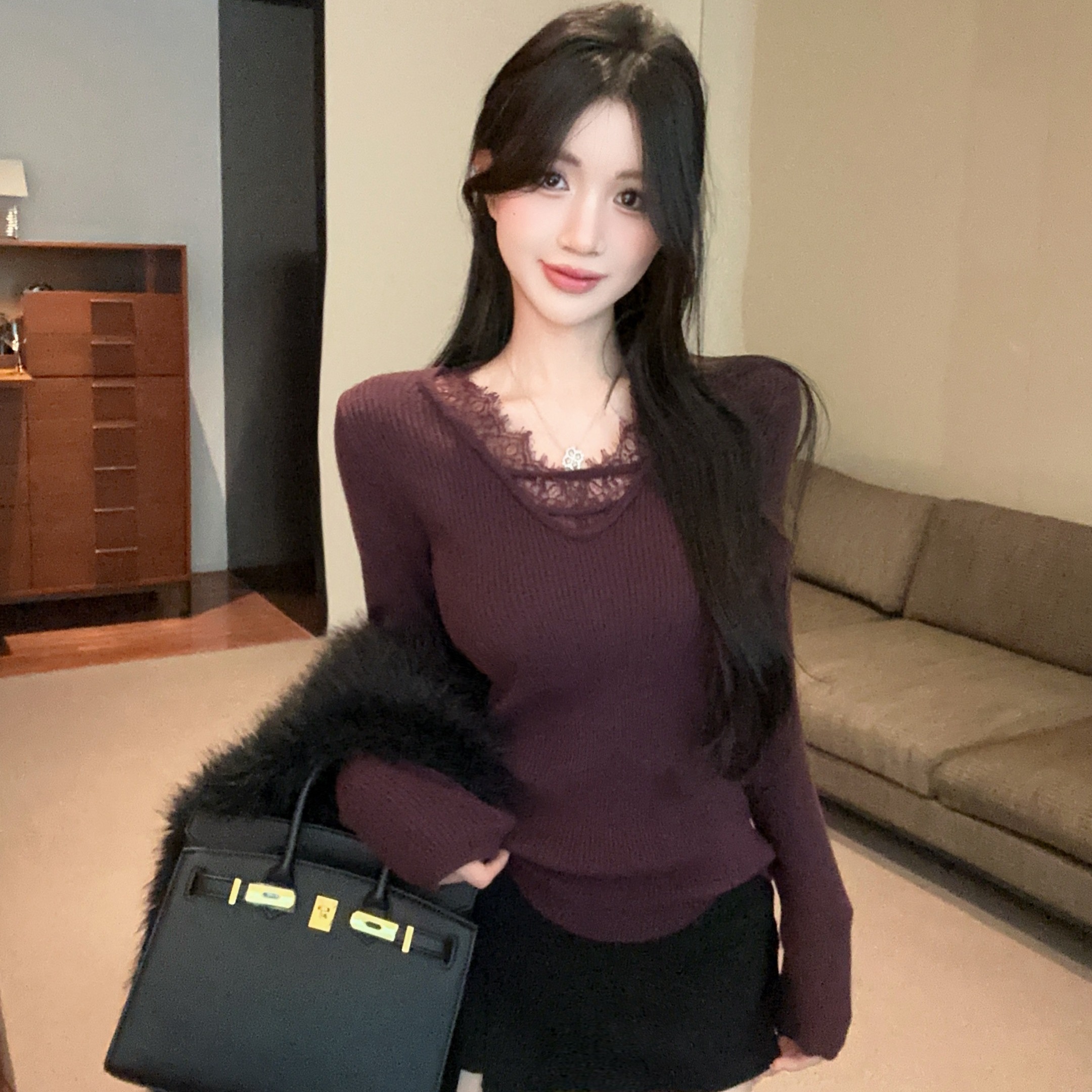 MY16038# 纯欲风设计感蕾丝V领针织衫高级感内搭外穿修身上衣女裝貨源...