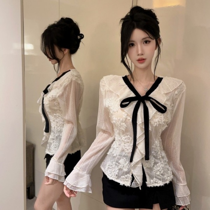 MY16031# 法式花朵荷叶边系带喇叭袖V领上衣时尚百搭修身显瘦小衫女裝...