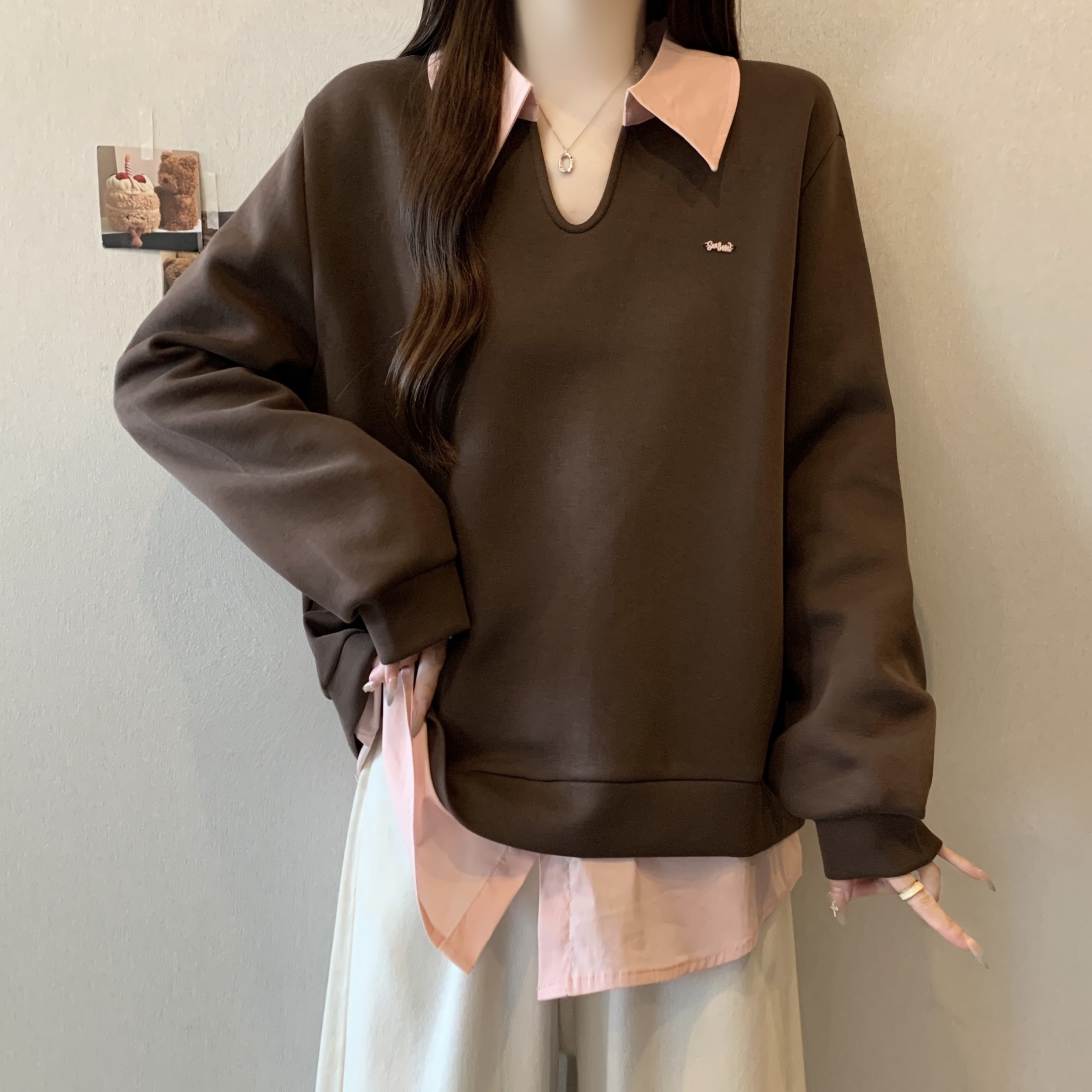MY14207# 新款大码女装减龄百搭上衣胖mm新款假两件撞色翻领卫衣女裝...