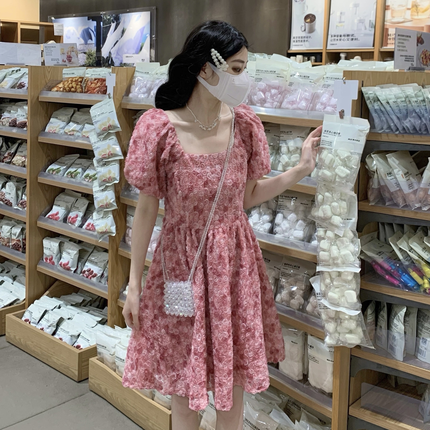 RY2494# 连衣裙女夏设计感玫瑰花方领温柔风法式收腰粉色仙女中长裙