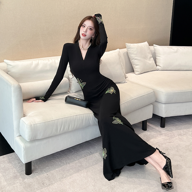 赫本風性感V領長袖蝴蝶結連衣裙 早秋小黑裙長裙
