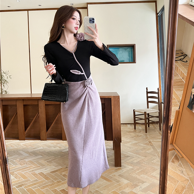 MY15232# 法式气质V领立体花朵减龄拼接撞色收腰显瘦连衣裙女裝貨源服...