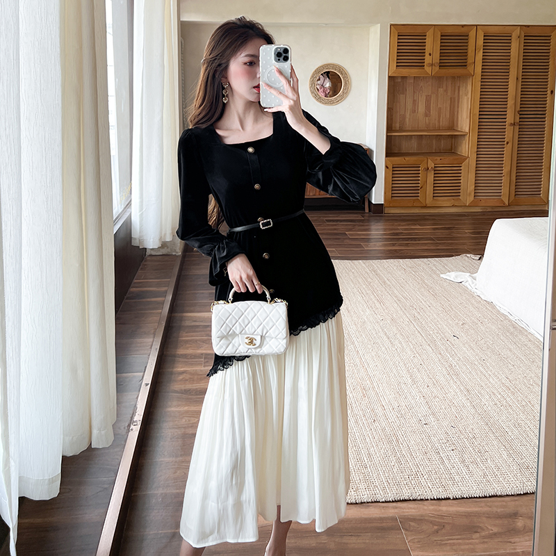 MY15234# 珍珠少女拼接设计通勤小众名媛收腰连衣裙女裝貨源服裝批發