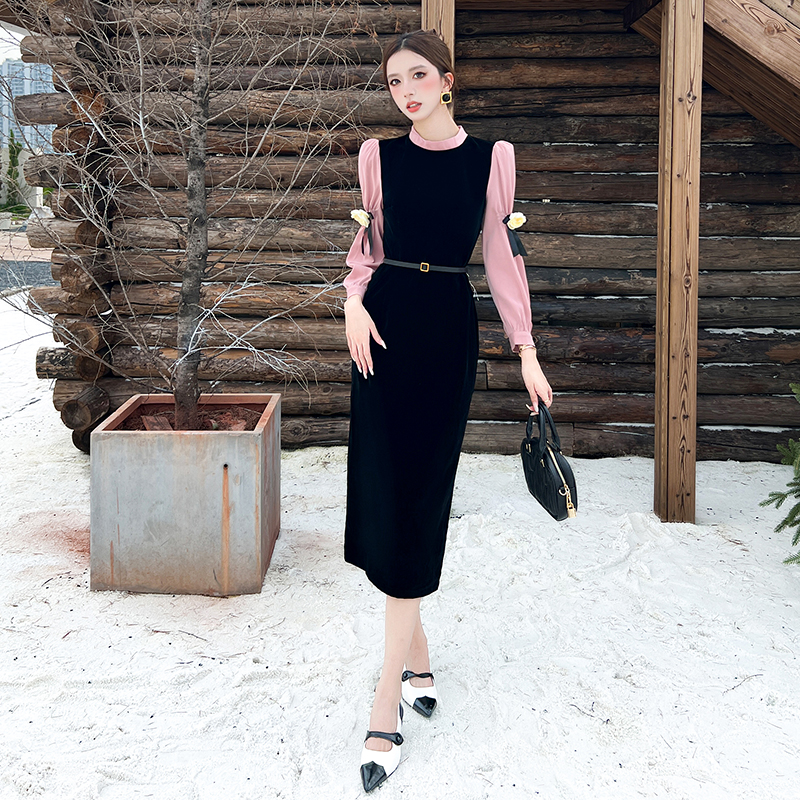 MY15231# 黑粉玫瑰法式千金风长裙假两件黑丝绒连衣裙女裝貨源服裝批發