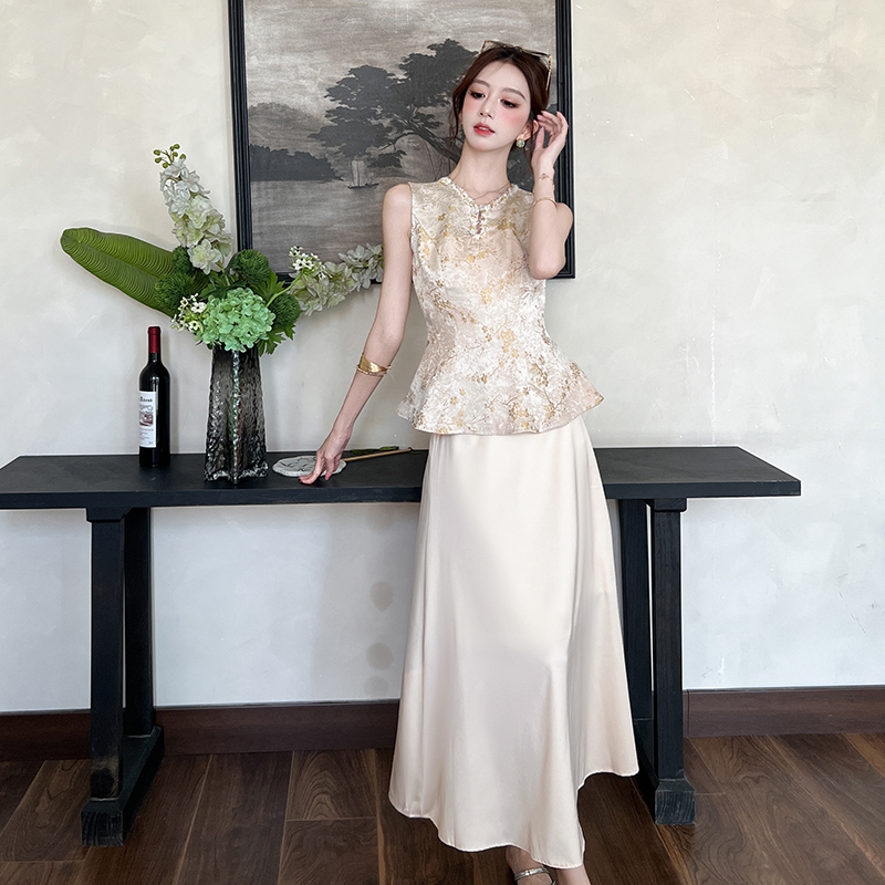 RY1307# 木子李的李新中式高级缎面提花无袖收腰马甲上衣垂感半身裙套装夏