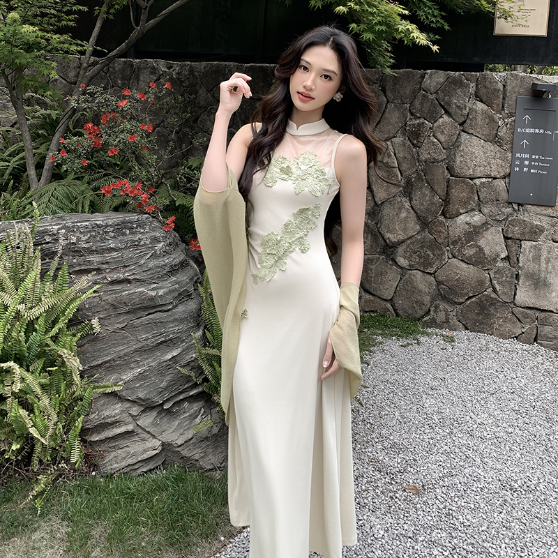 木子李的李新中式網紗拼接無袖針織連衣裙漂亮新款收腰垂感長裙夏