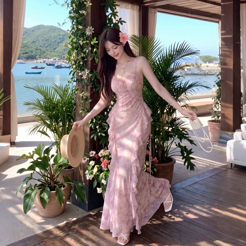 法式油畫暈染碎花吊帶裙人魚公主魚尾裙荷葉邊度假絕美連衣裙