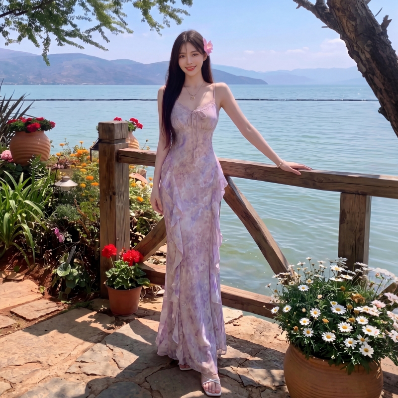 法式油畫暈染碎花吊帶裙人魚公主魚尾裙荷葉邊度假絕美連衣裙
