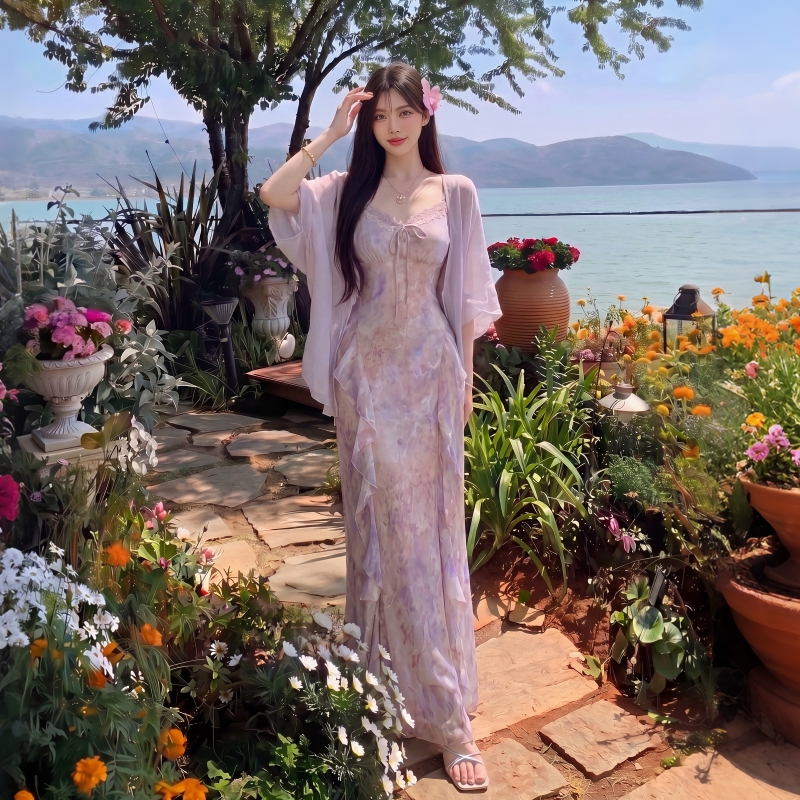 法式油畫暈染碎花吊帶裙人魚公主魚尾裙荷葉邊度假絕美連衣裙