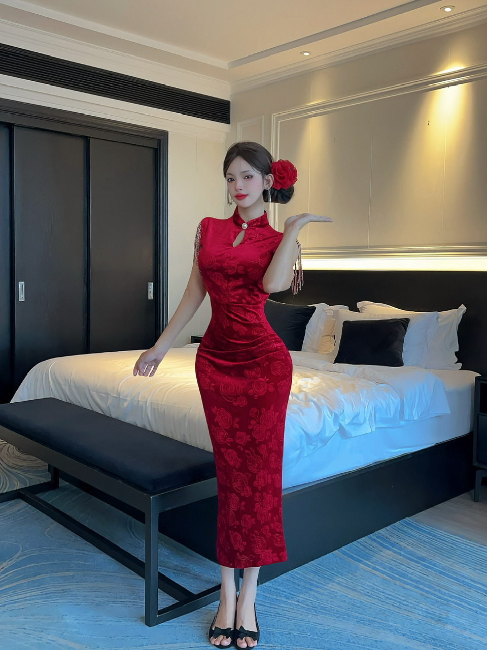 MY12957# 性感长款流苏拼接丝绒打底旗袍连衣裙女裝貨源服裝批發