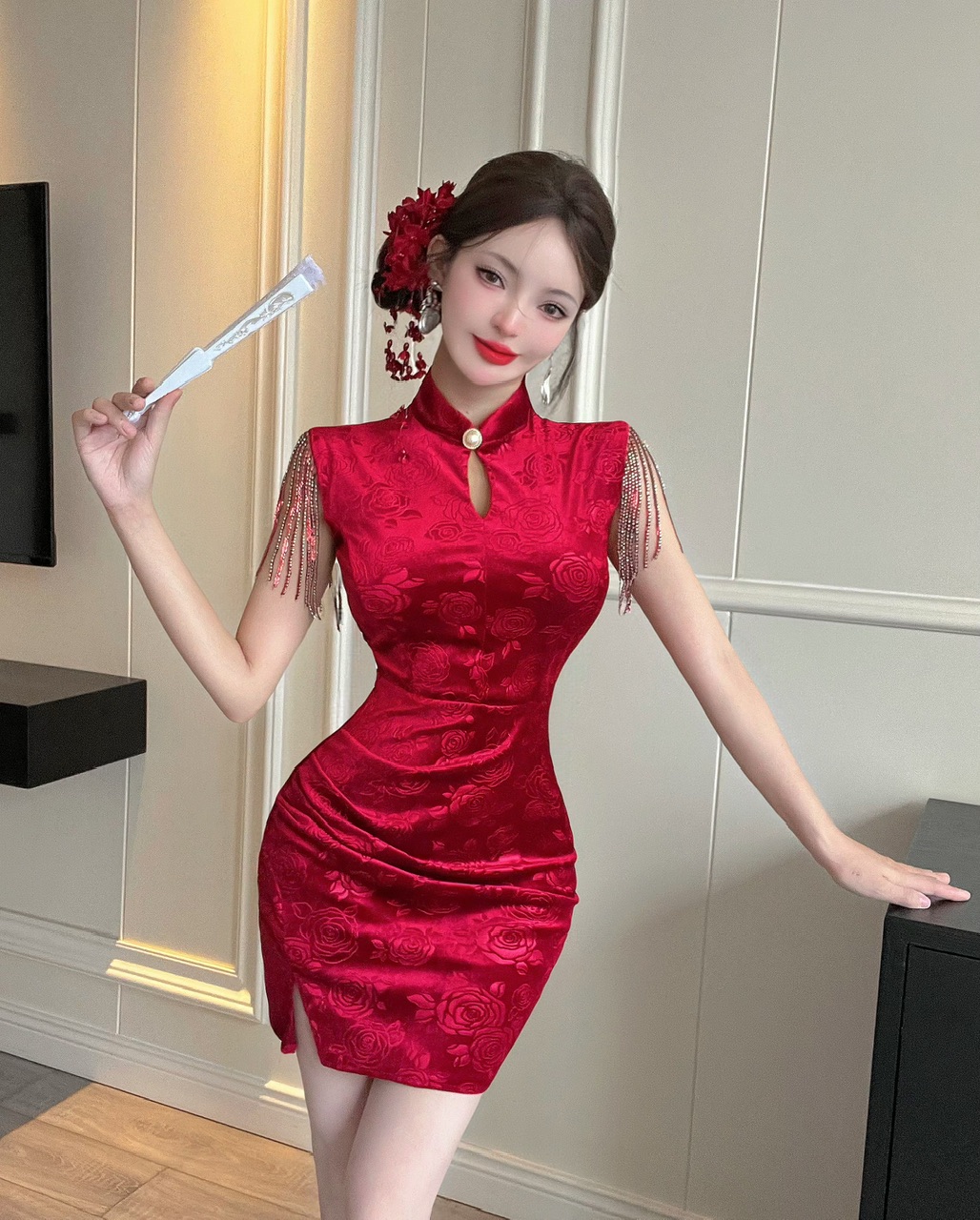 MY12958# 性感短款金丝绒旗袍包臀打底连衣裙女裝貨源服裝批發