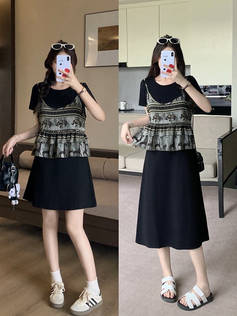 MY11181# 夏装新款胖mm大码女休闲假两件吊带印花长短款连衣裙女裝貨源服裝批發