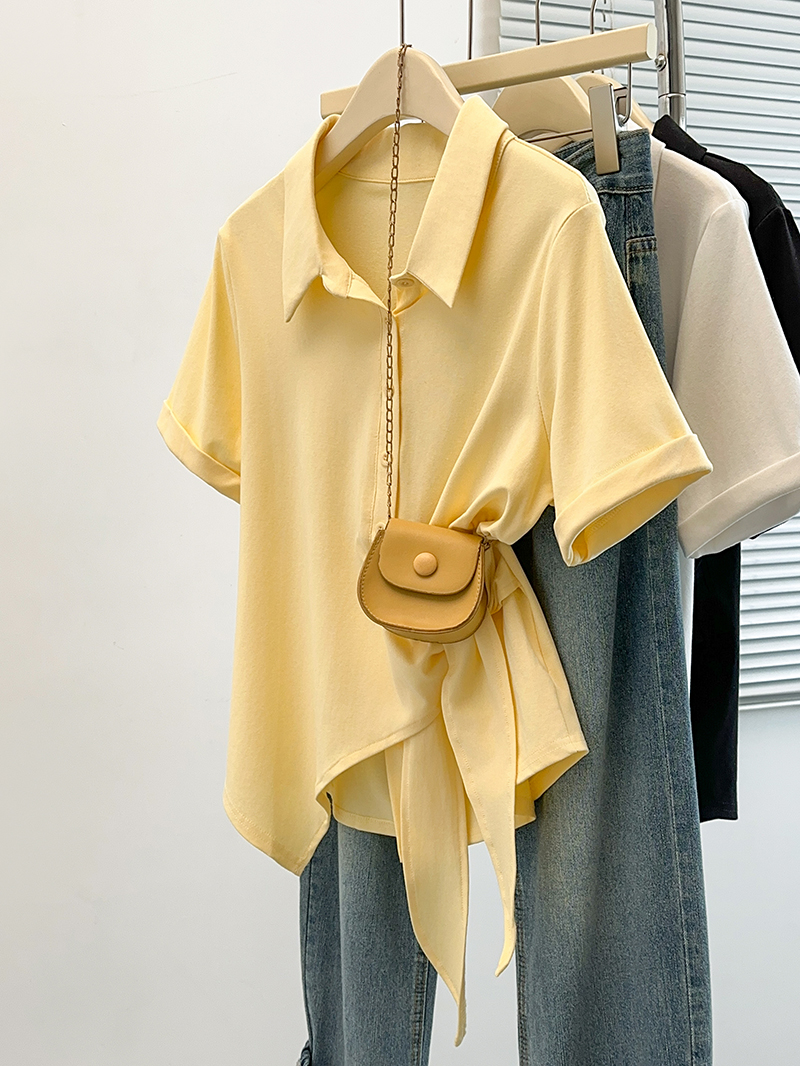 MY11180# 夏装新款胖mm大码女时尚设计感polo领绑带短袖T恤女裝貨源服裝批發