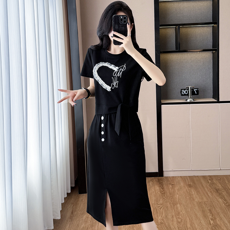 MY9700# 洋气套装夏季新款圆领绣花拼接显瘦休闲上衣＋半身裙两件套女女裝貨源服裝批發