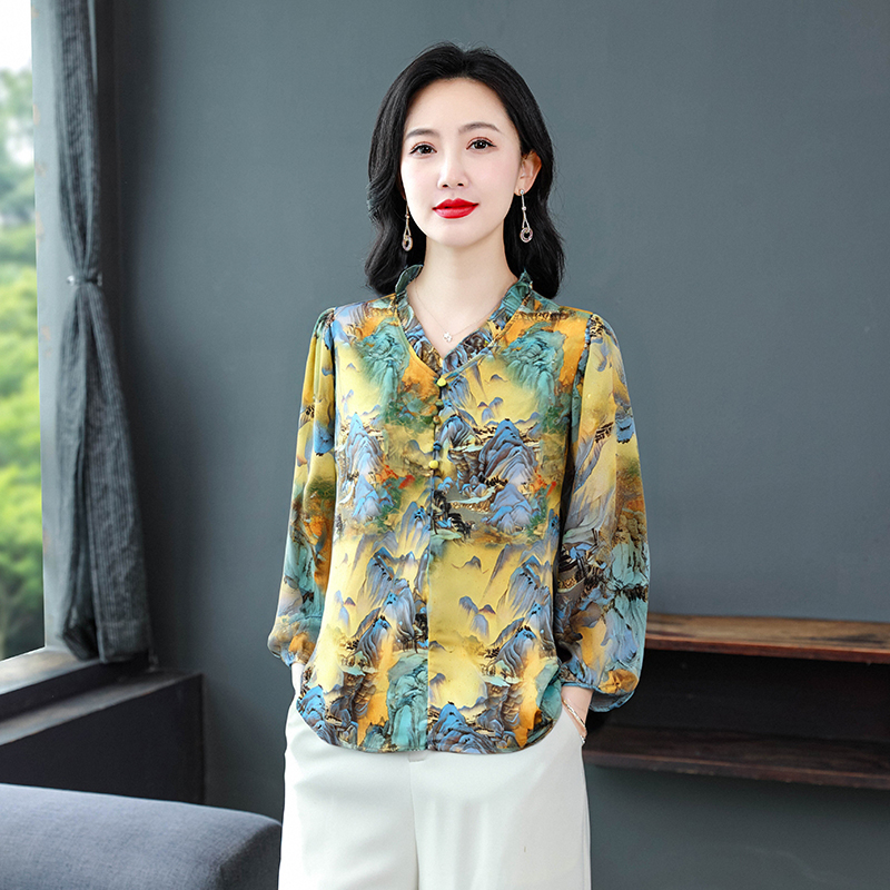 氣質優雅時尚碎花襯衫女士夏季新款媽媽寬松顯瘦遮肚真絲小衫上衣