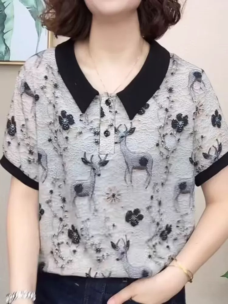 夏裝洋氣小鹿印花短袖T恤女2025新款時尚媽媽裝減齡百搭休閑上衣