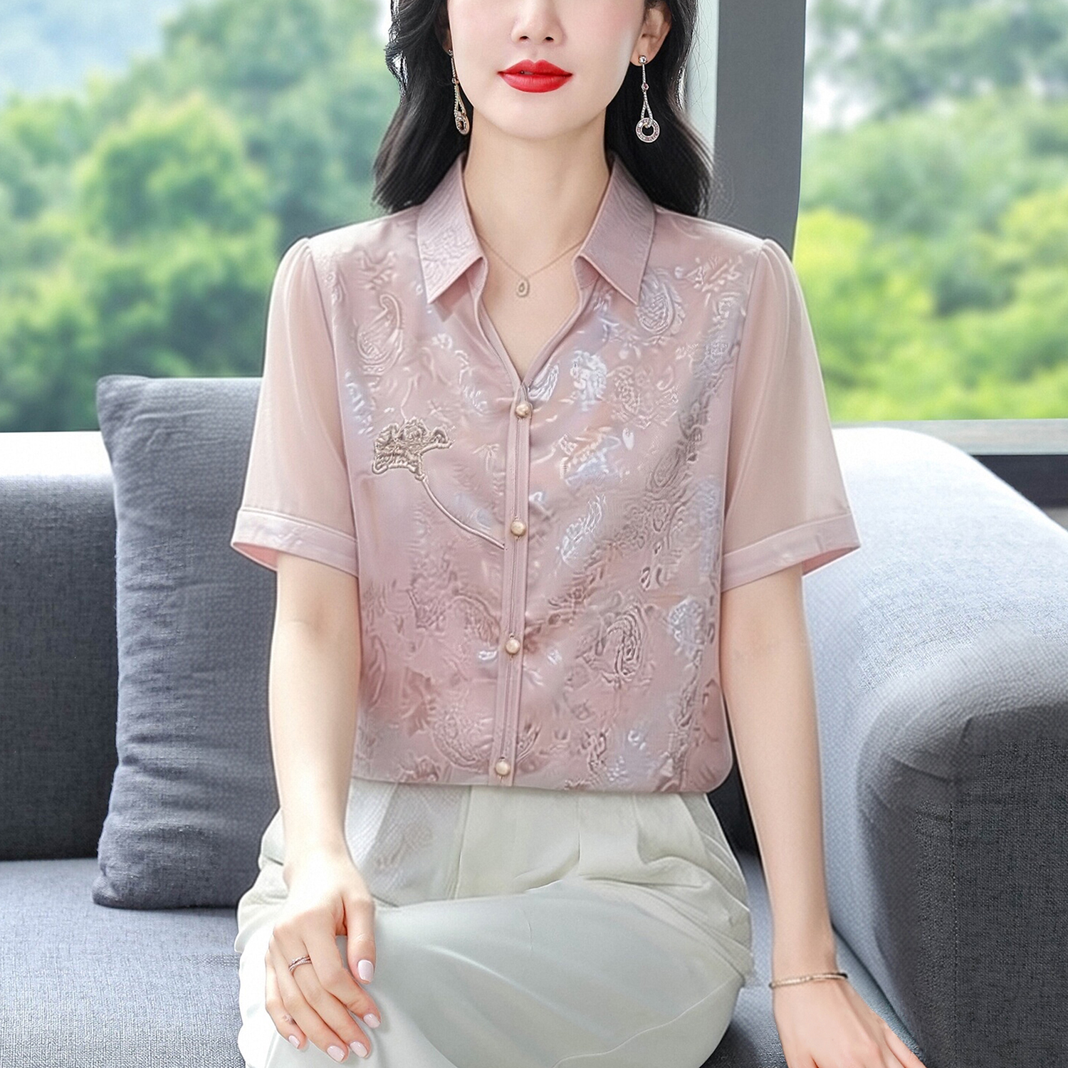 夏季媽媽裝提花粉色襯衫新款2026氣質百搭顯瘦絲緞貴婦人上衣