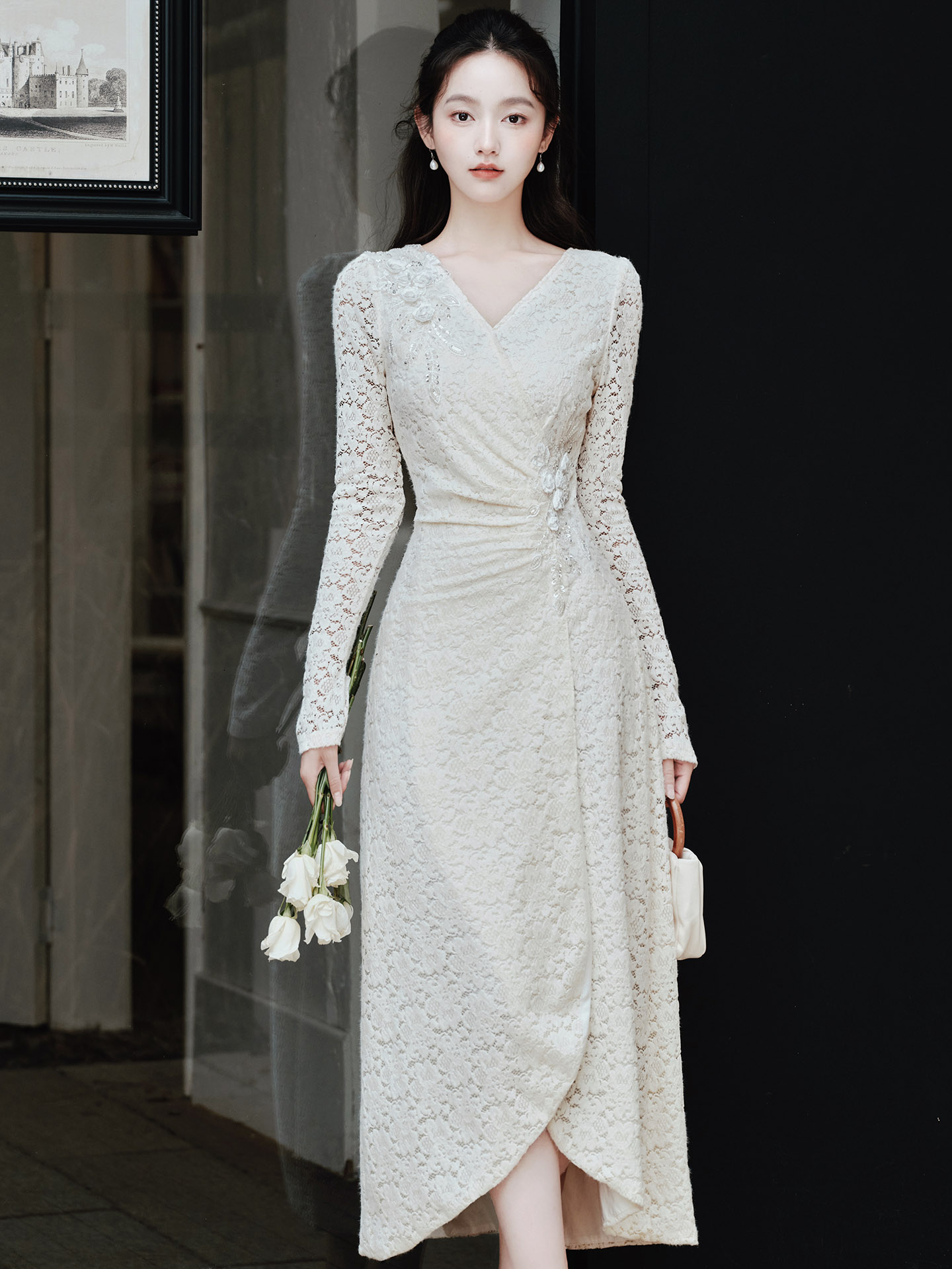 MY15522# 贾加厚蕾丝刺绣褶皱弹力收腰气质连衣裙女女裝貨源服裝批發