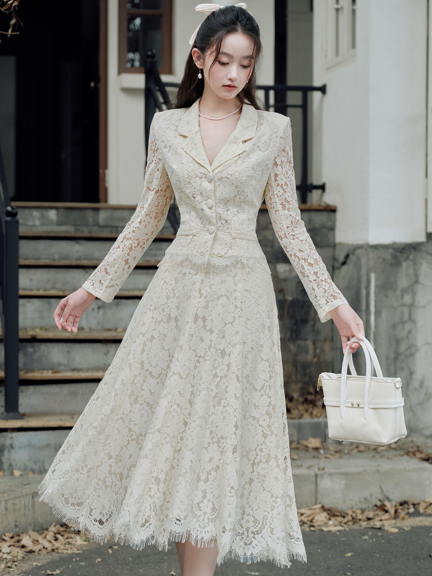 MY15520# 韩女约会 纯欲温柔蕾丝上衣收腰大裙摆长裙套装女裝貨源服裝...