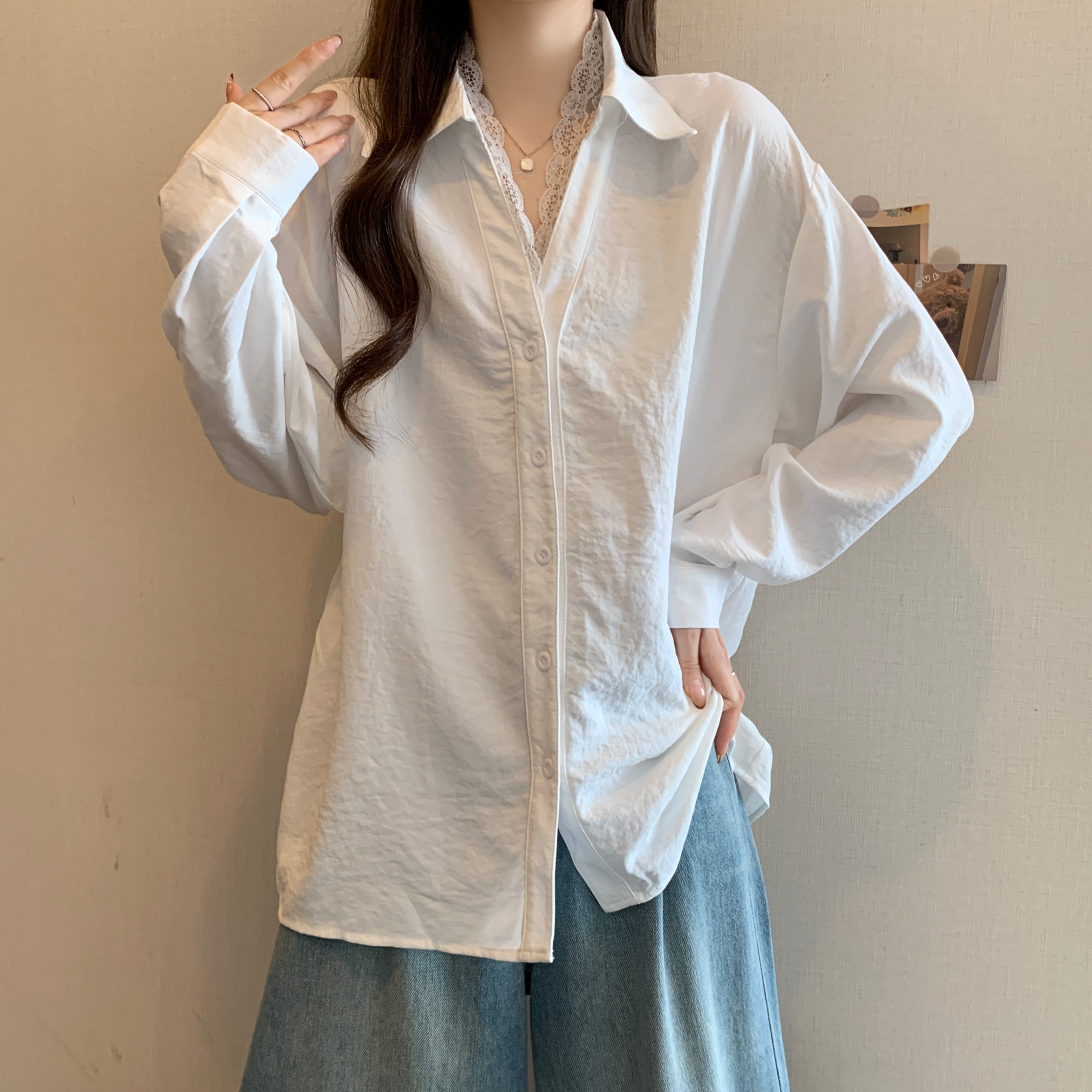 MY12252# 大码长袖法式蕾丝拼接白色宽松衬衣衬衫上衣女女裝貨源服裝批...