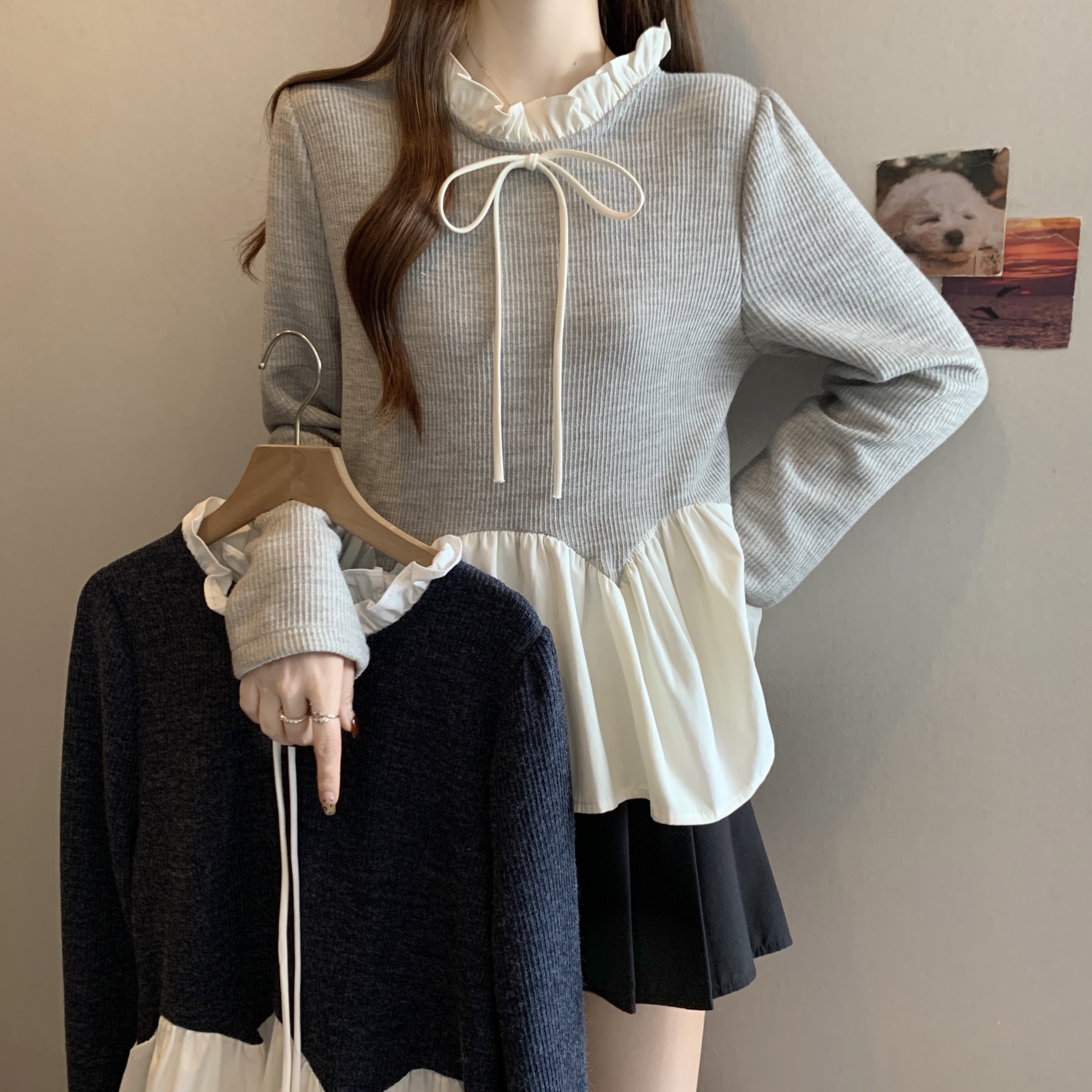 MY14016# 大码新款立领甜美蝴蝶结拼接长袖T恤打底衫女裝貨源服裝批發