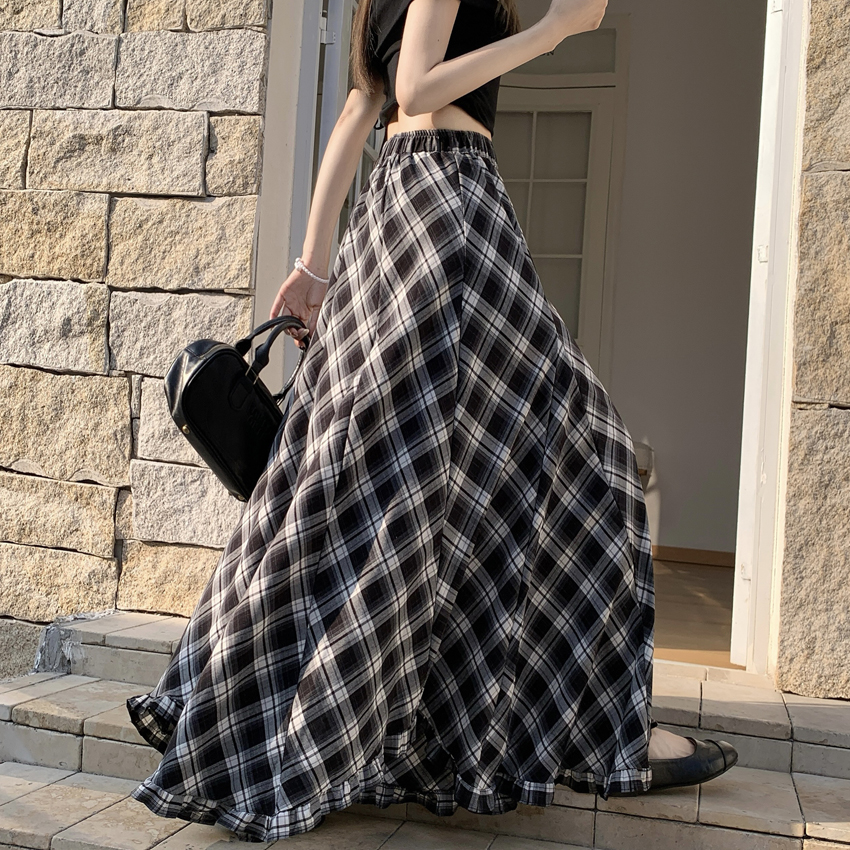 RY478# 设计款不规则木耳边格纹中长款半身裙2026显瘦松紧腰大摆a字...