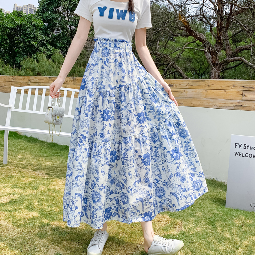 RY476# 小众设计款2026春夏新款水墨印花大高腰显瘦遮跨中长款半身裙