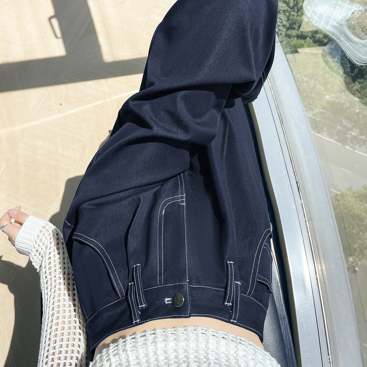深藍色竹節軟牛仔褲女2025秋季新款高腰直筒垂感寬松闊腿褲拖地褲