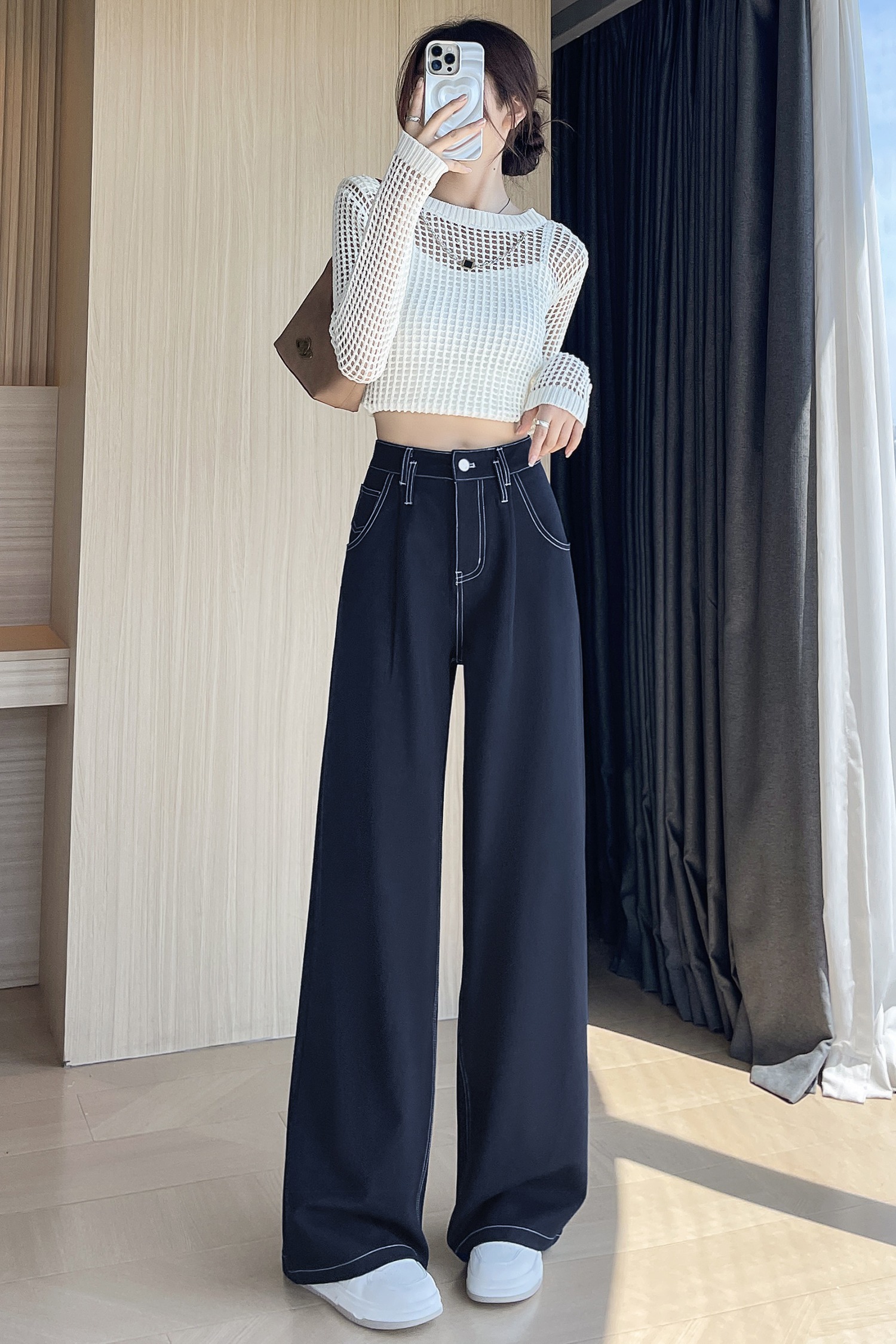 深藍色竹節軟牛仔褲女2025秋季新款高腰直筒垂感寬松闊腿褲拖地褲