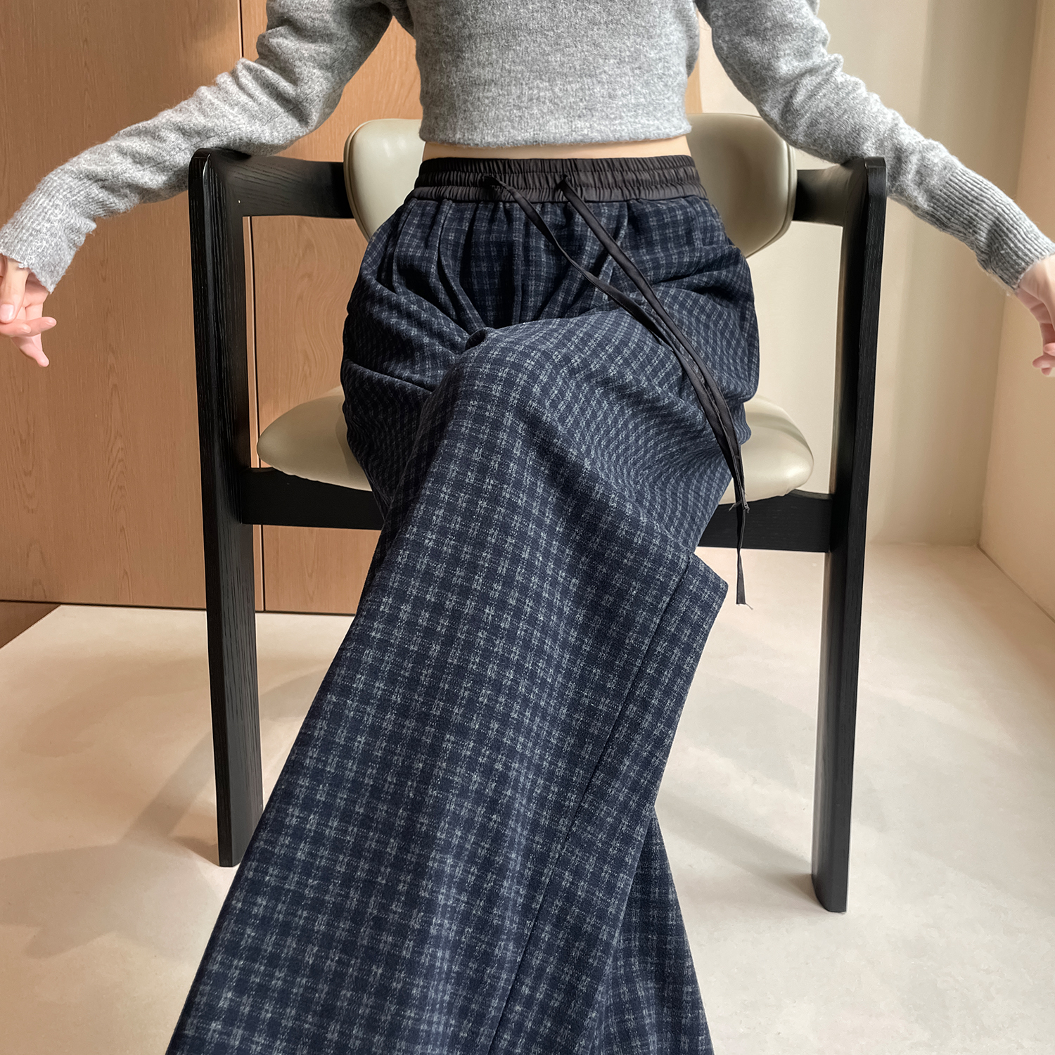 實拍2025秋季新款高腰針織格子闊腿褲小個子直筒休閑拖地褲女