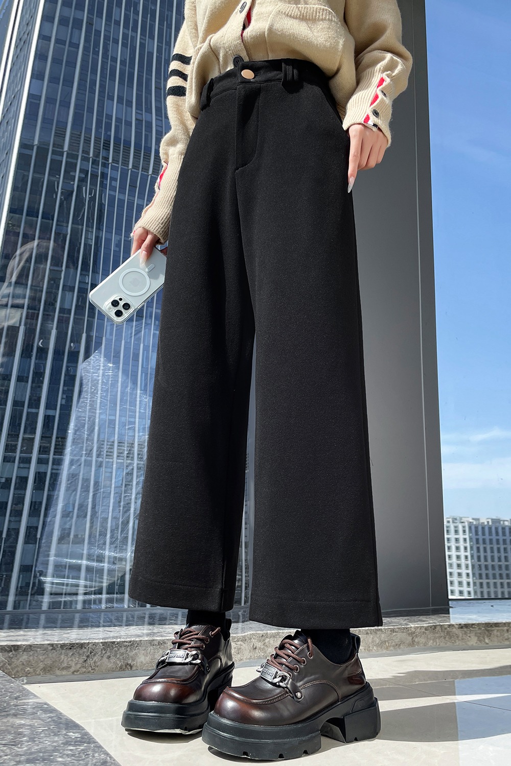 2025實拍直筒西褲女秋冬高腰休閑毛呢闊腿褲加絨小個子顯瘦九分褲