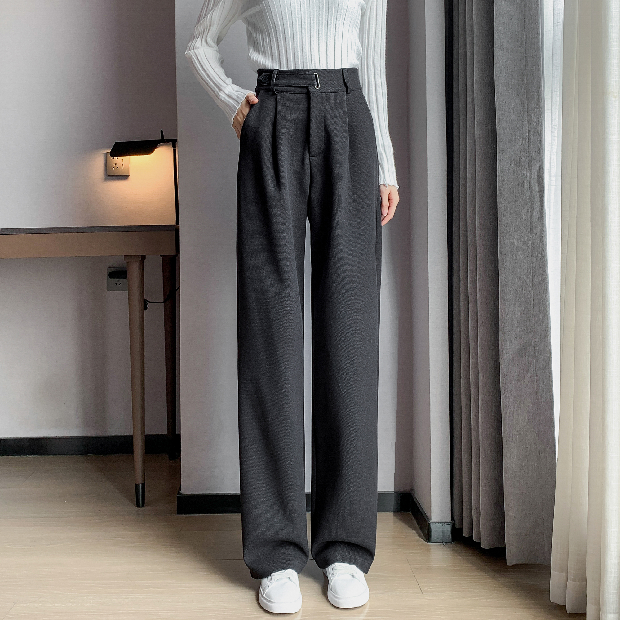 實拍2025冬季加絨加厚毛呢闊腿褲小個子直筒拖地高腰休閑褲女