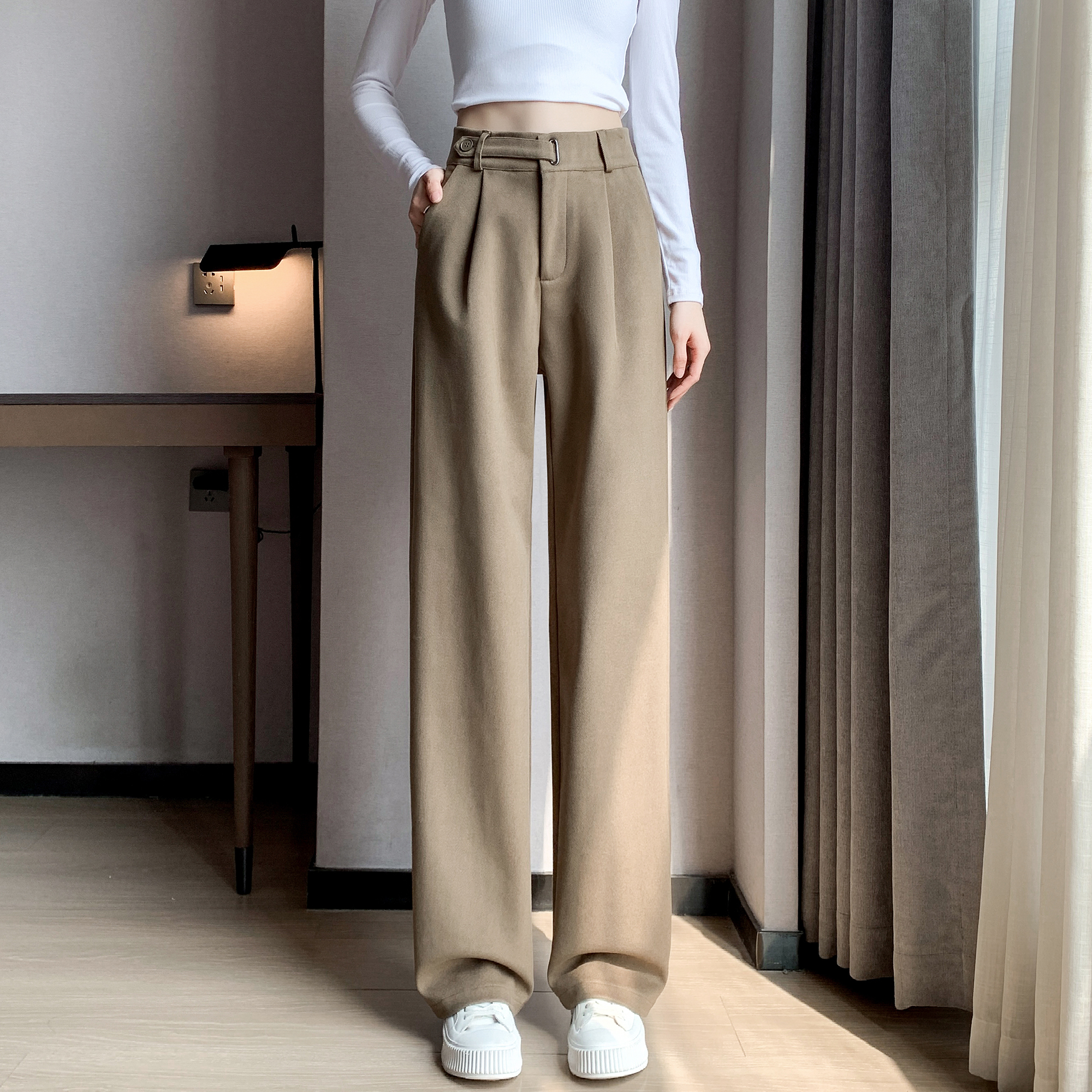 實拍2025冬季加絨加厚毛呢闊腿褲小個子直筒拖地高腰休閑褲女