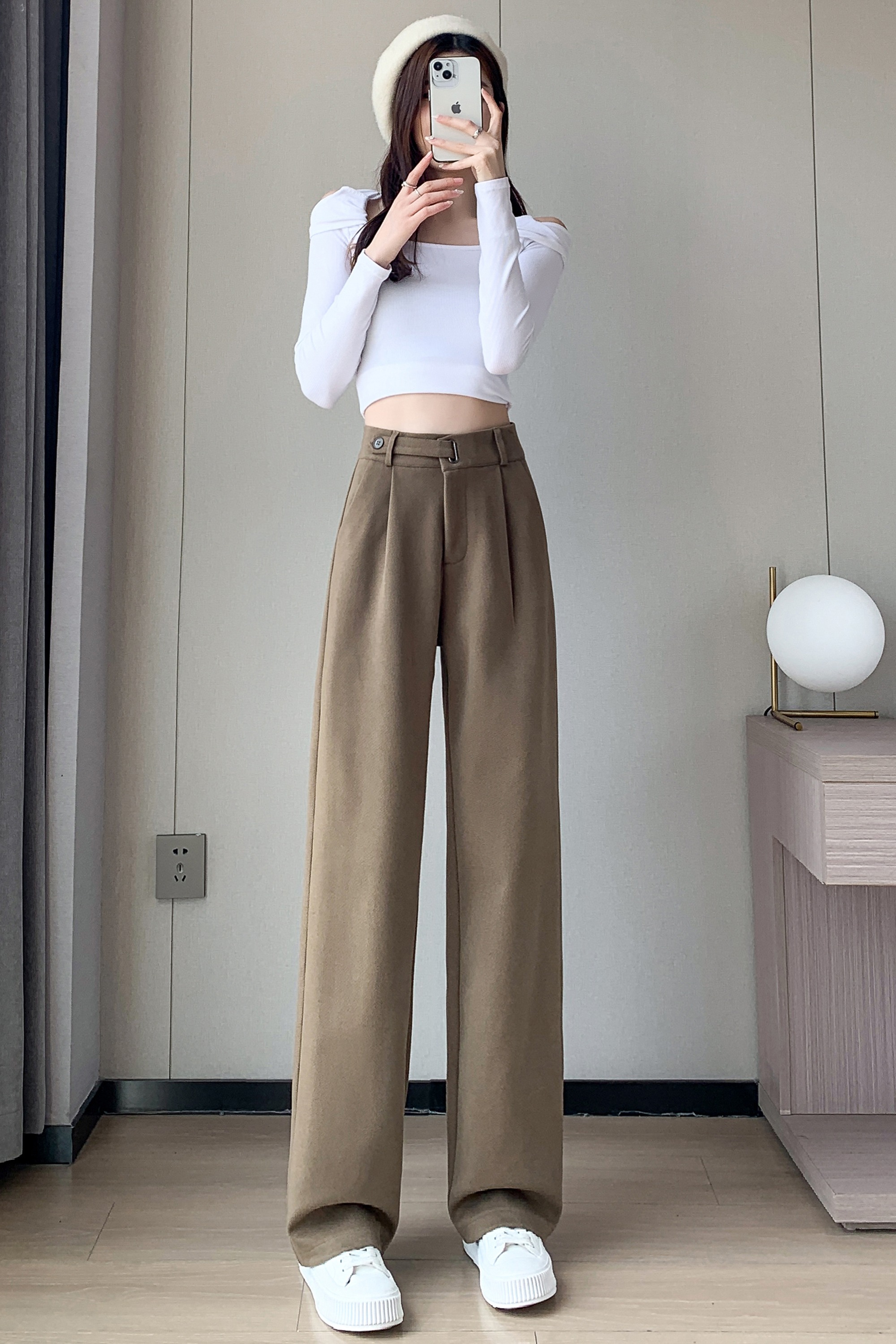 實拍2025冬季加絨加厚毛呢闊腿褲小個子直筒拖地高腰休閑褲女