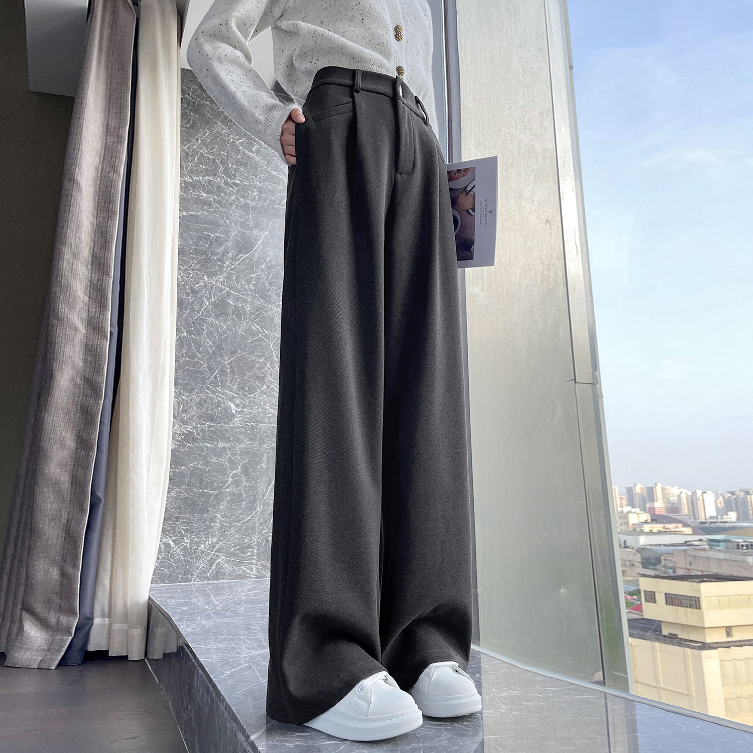 實拍2025冬季加厚毛呢闊腿褲小個子直筒拖地高腰休閑褲女
