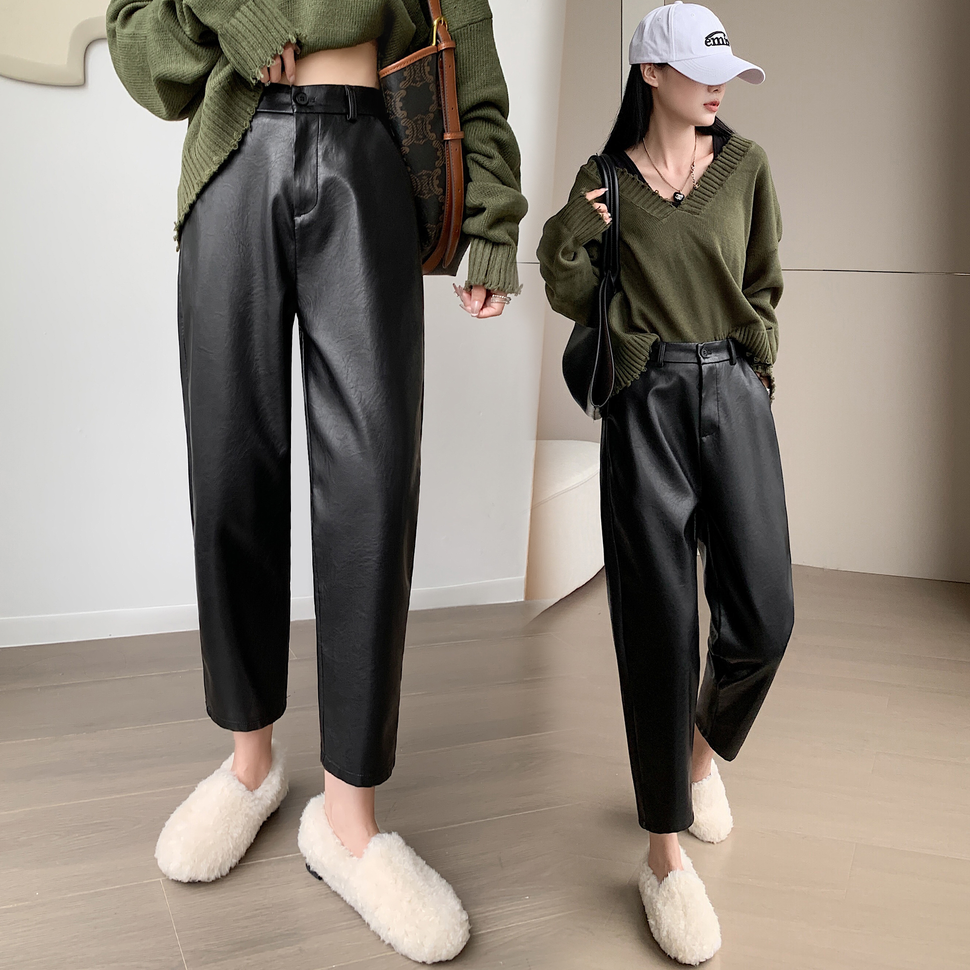 黑色PU皮褲女2025秋冬新款高腰九分氣質靴褲休閑小個子褲顯瘦百搭