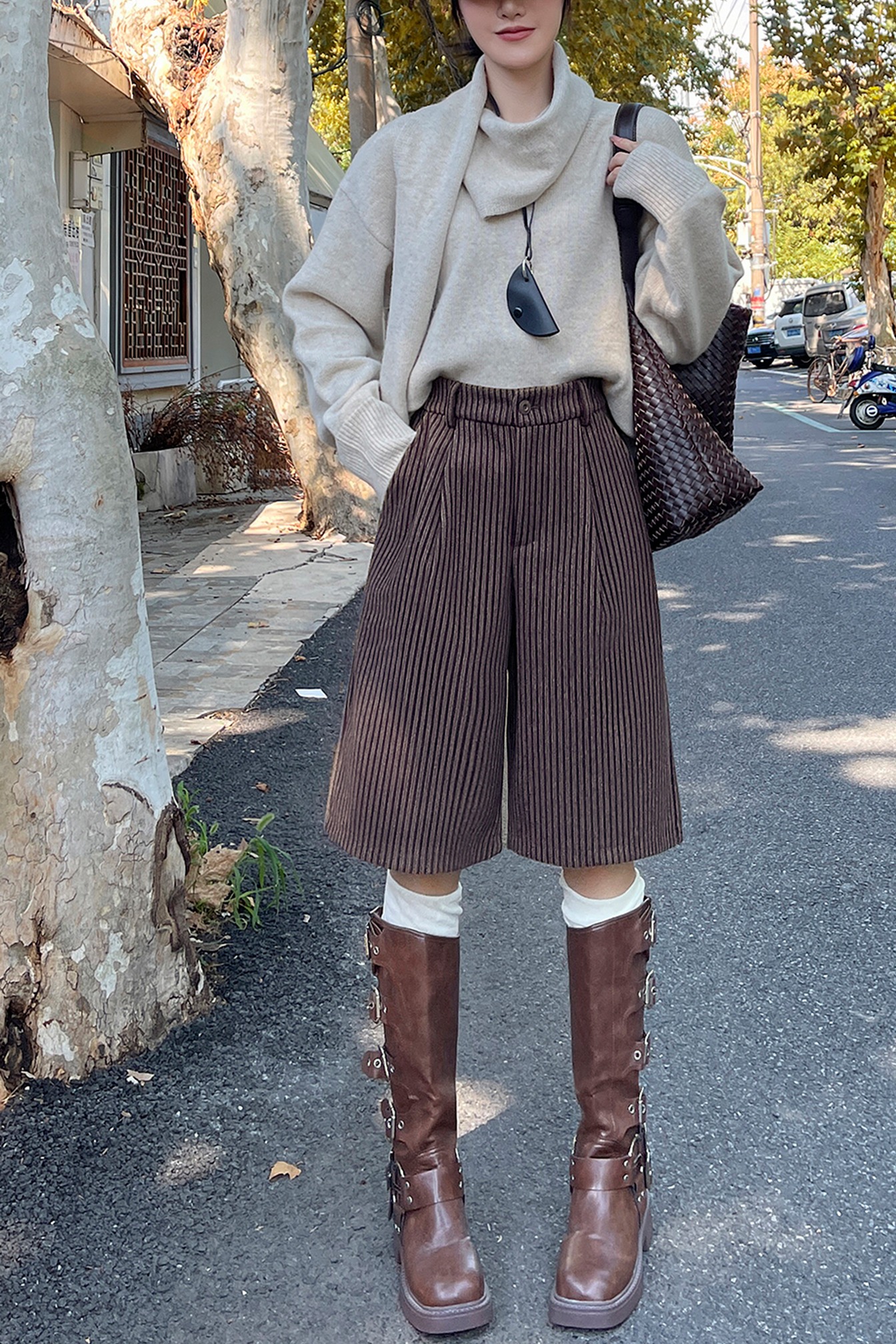 實拍2025秋冬新款條紋復古五分褲女寬松休閑顯瘦氣質百搭闊腿短褲
