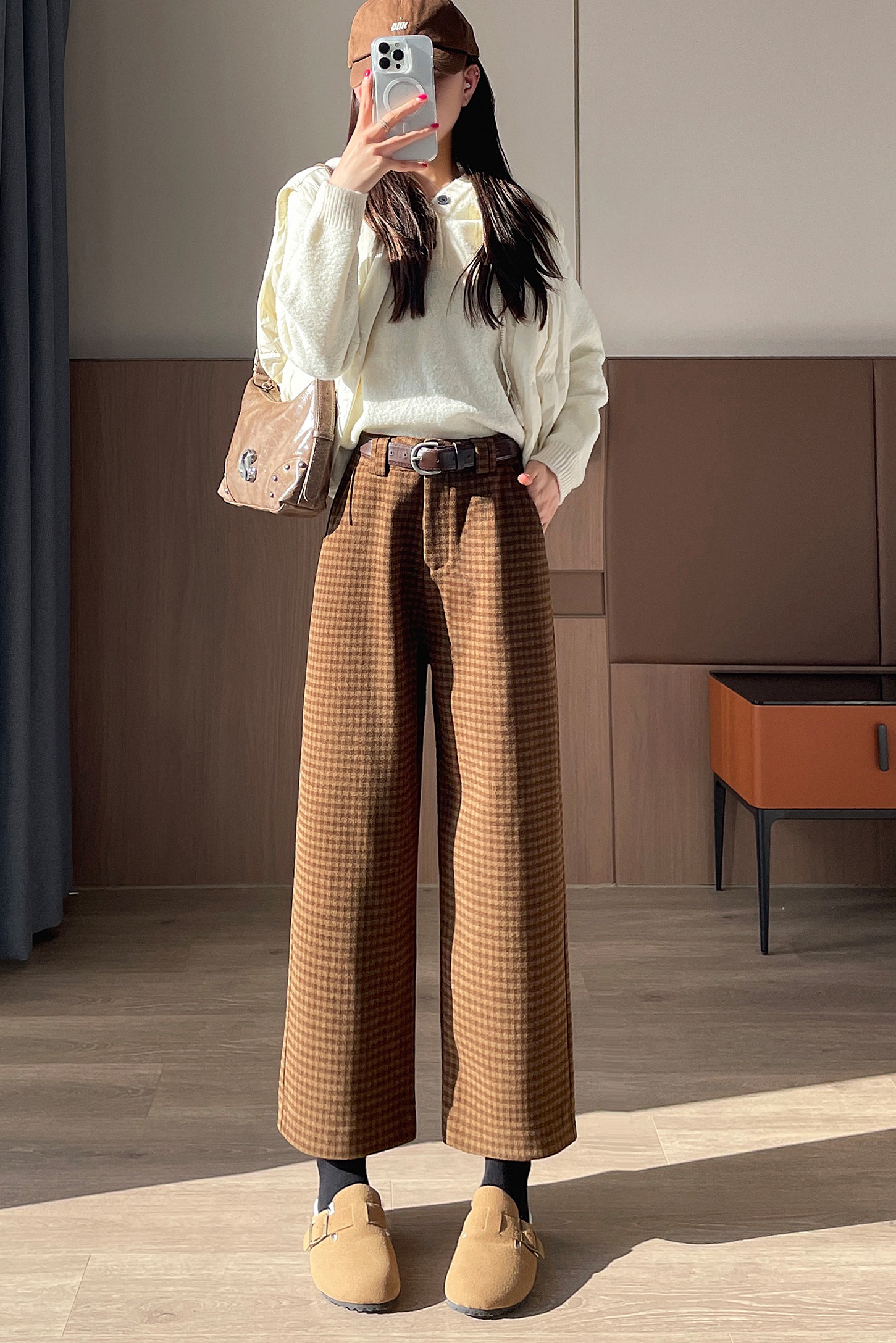 2025新款實拍毛呢格子闊腿女冬季顯瘦百搭小個子寬松顯瘦直筒靴褲