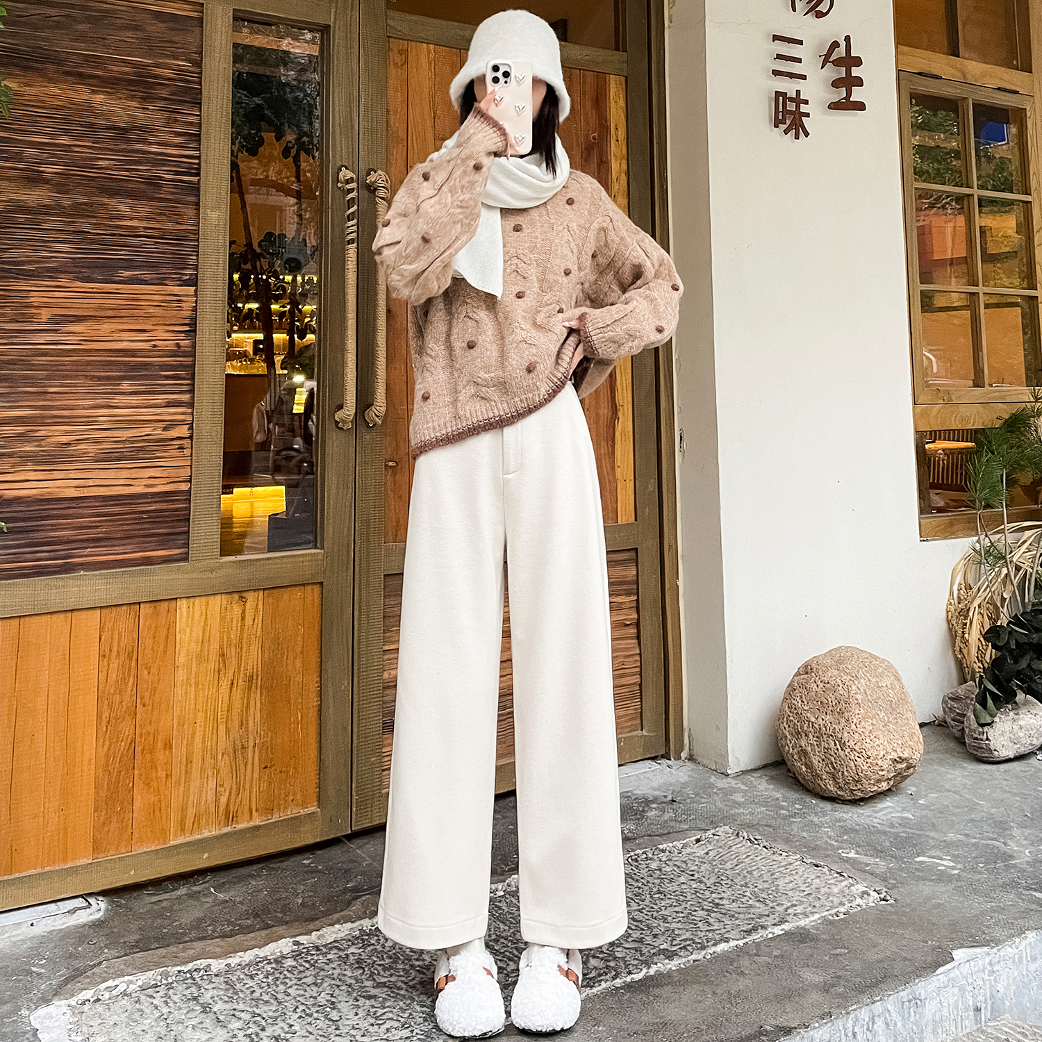 2025實拍直筒西褲女秋冬高腰休閑毛呢闊腿褲加絨小個子顯瘦九分褲