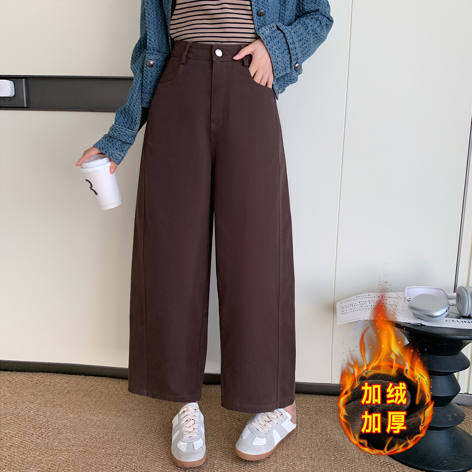 實拍2025新款九分洗水棉闊腿牛仔褲女加絨小個子寬松顯瘦直筒褲