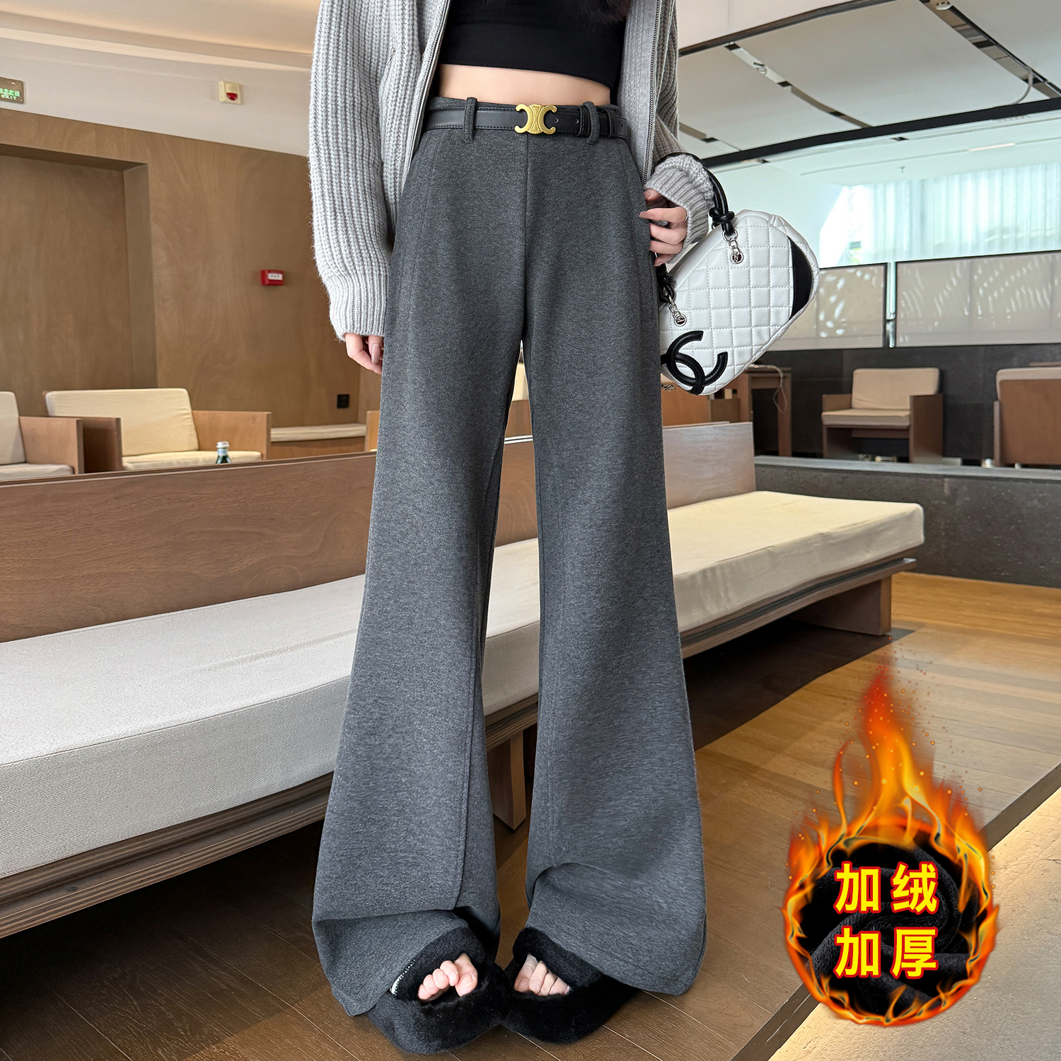 灰色微喇褲女秋冬季2025新款高腰顯瘦馬蹄褲加絨加厚小個子拖地褲