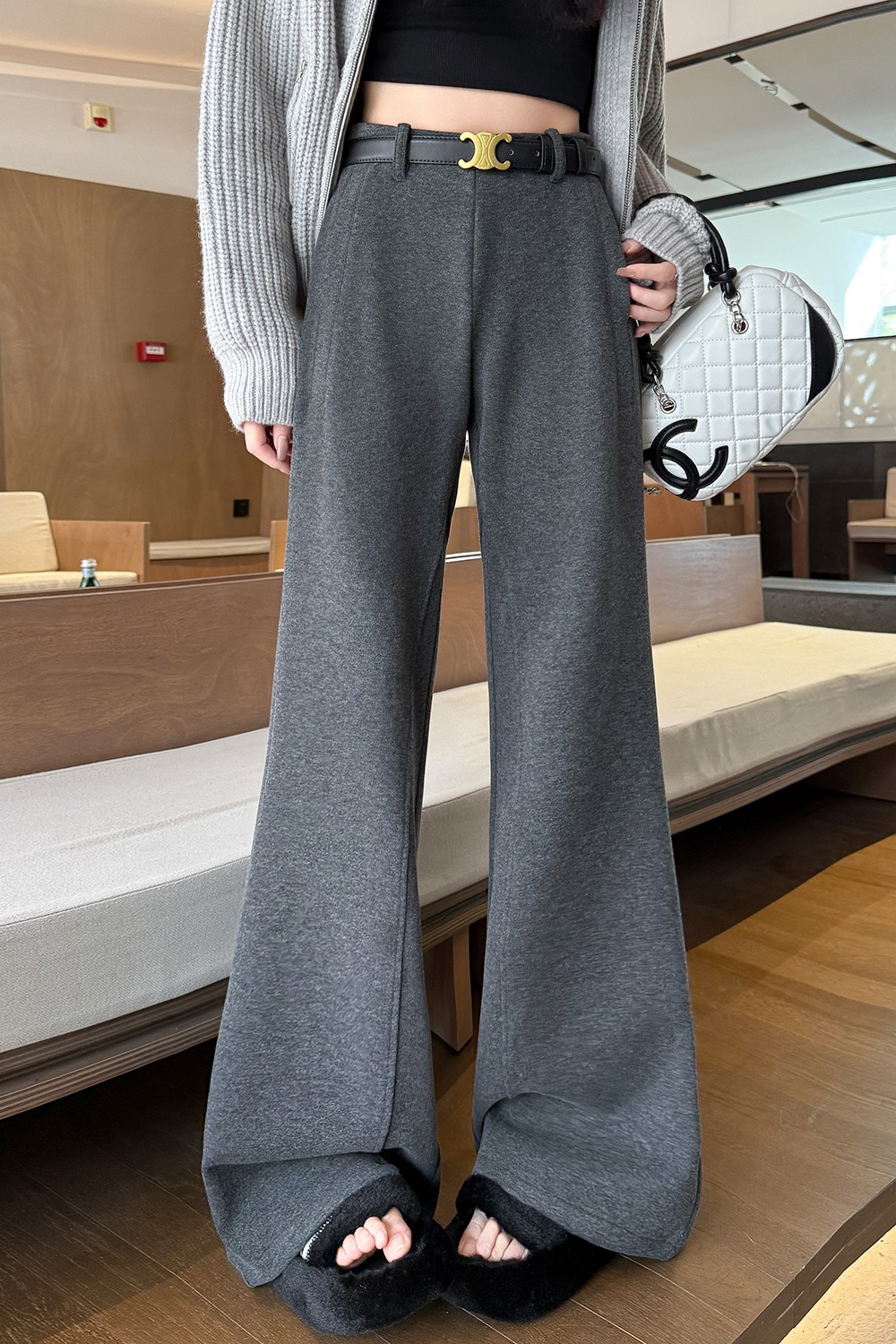 灰色微喇褲女秋冬季2025新款高腰顯瘦馬蹄褲加絨加厚小個子拖地褲