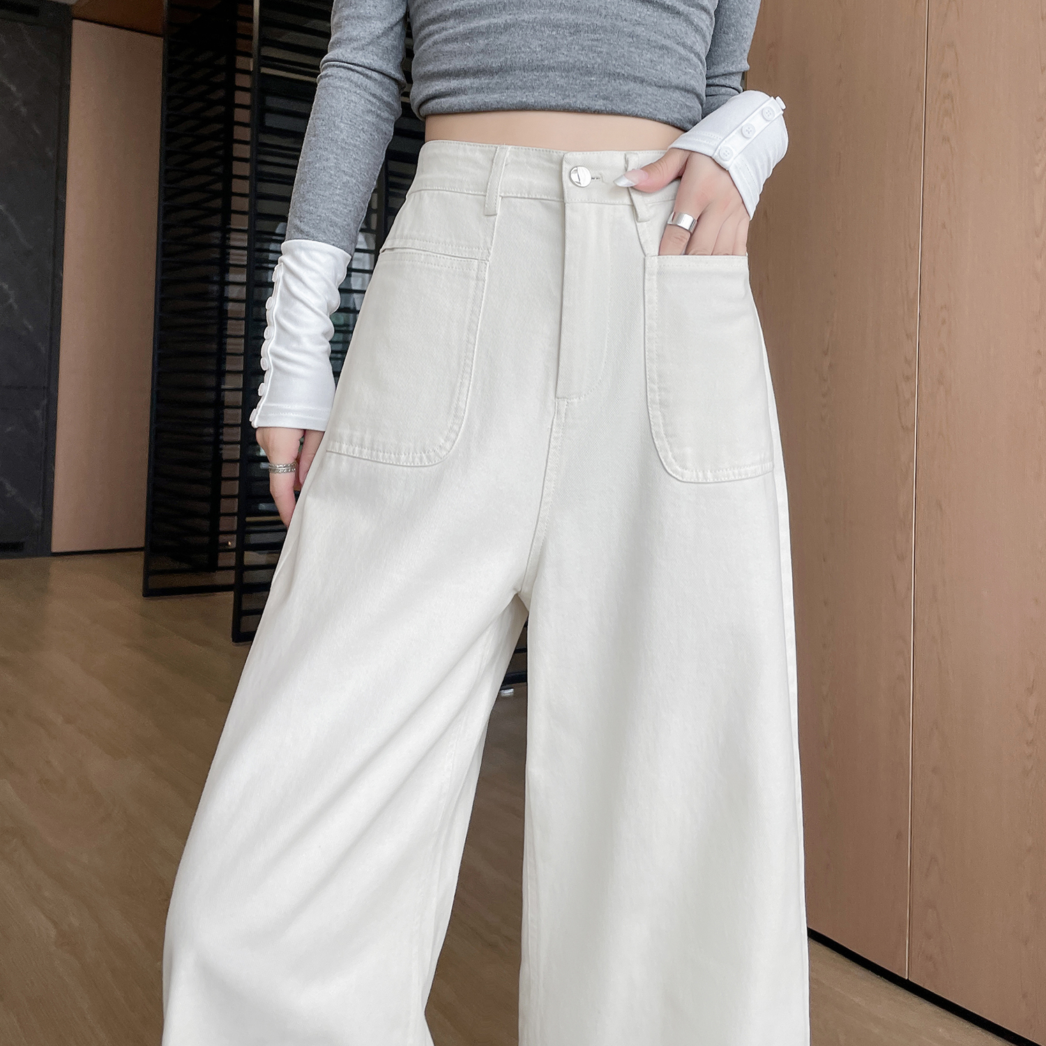 卡其色洗水棉闊腿褲女2026春季新款高腰顯瘦小個子垂感直筒休閑褲