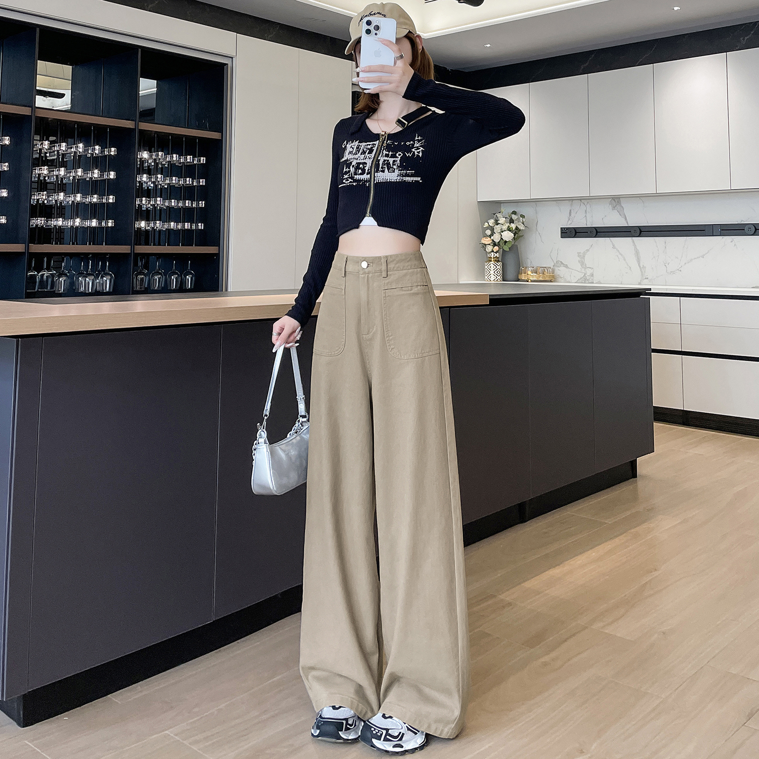 卡其色洗水棉闊腿褲女2026春季新款高腰顯瘦小個子垂感直筒休閑褲