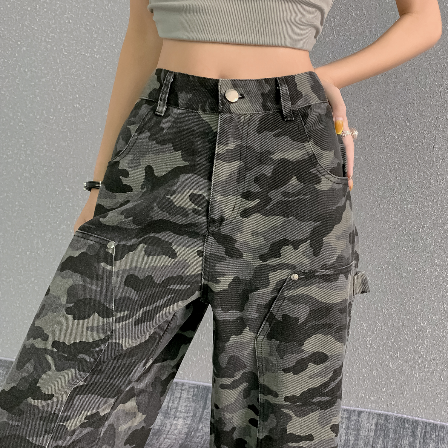 美式迷彩工裝褲牛仔褲女2026新款高腰寬松顯瘦小個子直筒休閑褲