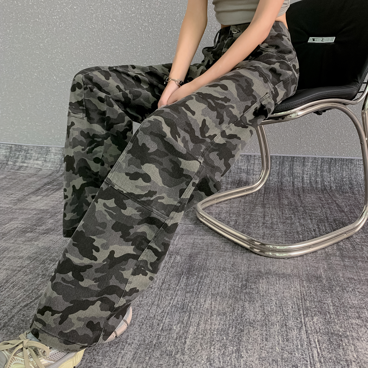 美式迷彩工裝褲牛仔褲女2026新款高腰寬松顯瘦小個子直筒休閑褲