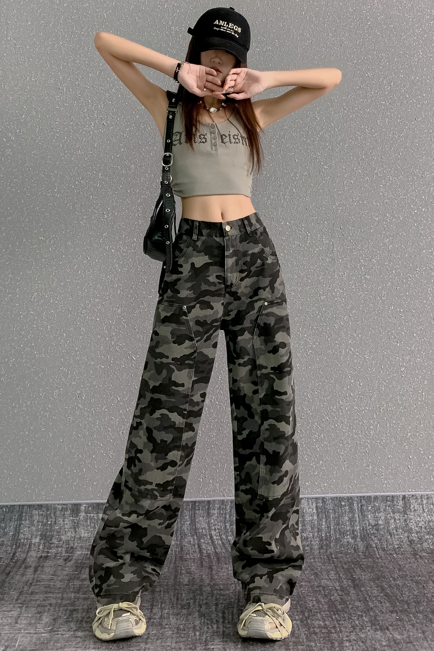 美式迷彩工裝褲牛仔褲女2026新款高腰寬松顯瘦小個子直筒休閑褲