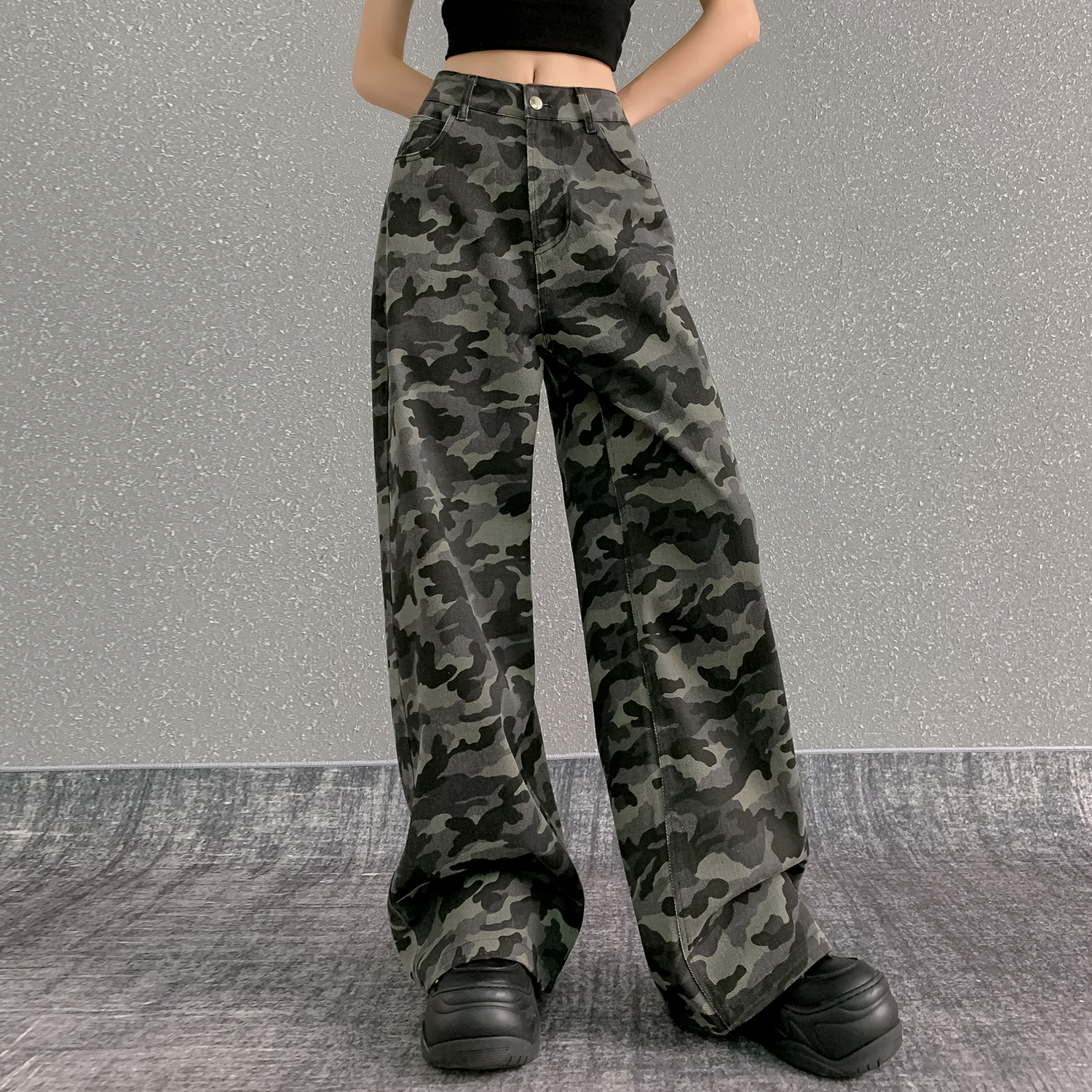 美式迷彩闊腿褲牛仔褲女2026新款高腰寬松顯瘦小個子工裝休閑褲