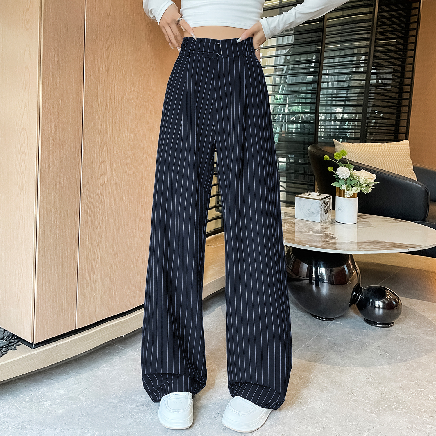 高級感條紋西裝褲女2026春夏新款小個子寬松垂感高腰拖地闊腿褲